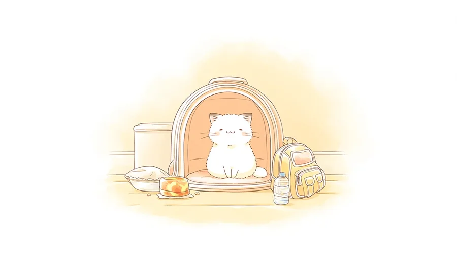 猫と暮らす家の防災準備|避難用キャリー・水とごはんの備蓄・普段からの慣らし方のイメージイラスト