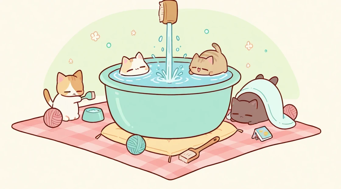 水飲み器のまわりでくつろぐ猫たちと、ブラシや毛糸などの猫用品のイラスト